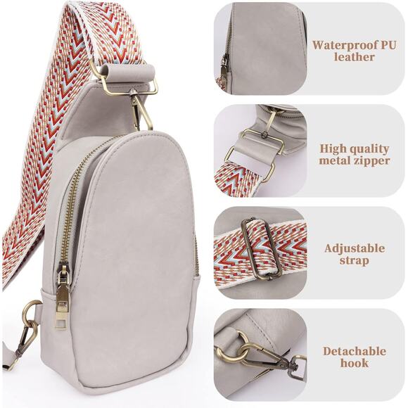 Women’s Sling Crossbody Bag Soft PU Leather Wide Woven Strap Chest Travel Grey - Picture 2 of 8